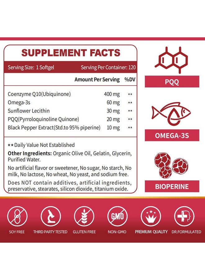 ZEBORA CoQ10-400mg-Softgels with PQQ, BioPerine & Omega-3, Coenzyme Q10(Ubiquinone) Supplement for High-Absorption, Powerful-Antioxidant, Support Heart & Energy-Production, 120 Servings - Image 3