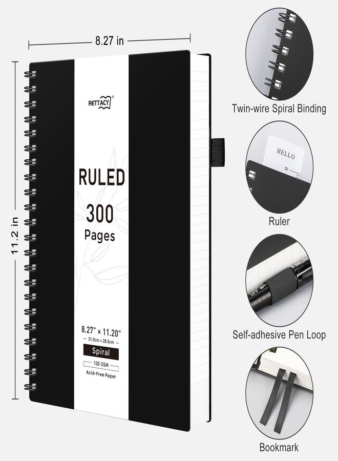 RETTACY Spiral College Ruled Notebook, 300 Pages, A4 Large Size (8.2" x 11.2"), for School, Work, Writing, Journaling, 100 GSM Thick Paper, Flexible Plastic Cover (Black) - Image 2