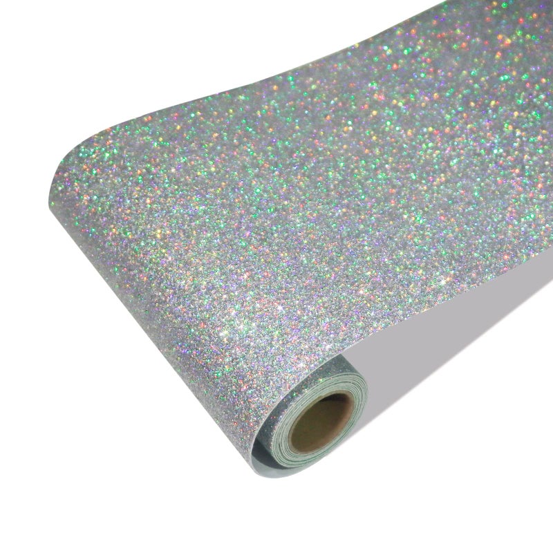 CRE8TIVE Silver Holographic Glitter Wallpaper Border Fabric Glitter Wallpaper Stick and Peel Self Adhesive Removable Sparkle Wall Border Silver Contact Paper for Girls Bedroom Dressers Cabinets 8x80