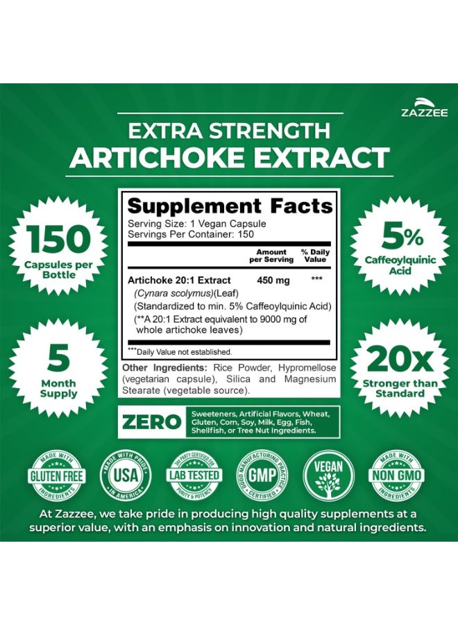 Zazzee Extra Strength Artichoke 20:1 Extract, 5% Caffeoylquinic Acid, Vegan 150 capsules - Image 2