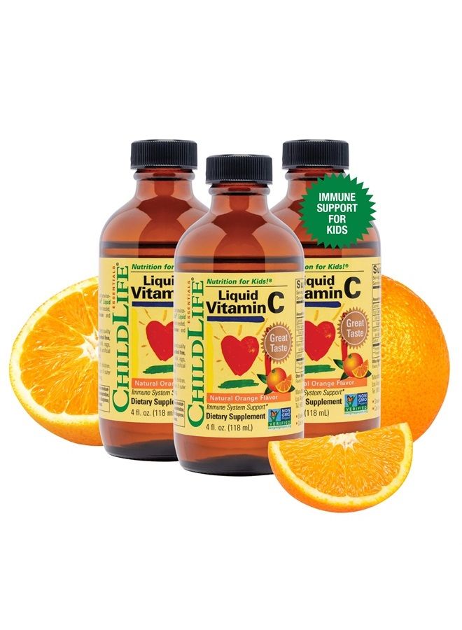 CHILDLIFE ESSENTIALS Liquid Vitamin C - Immune Support, Vitamin C Liquid, All-Natural, Gluten-Free, Allergen Free, Non-GMO, High in Antioxidants - Orange Flavor, 4 Ounce Bottle (Pack of 3) - Image 1