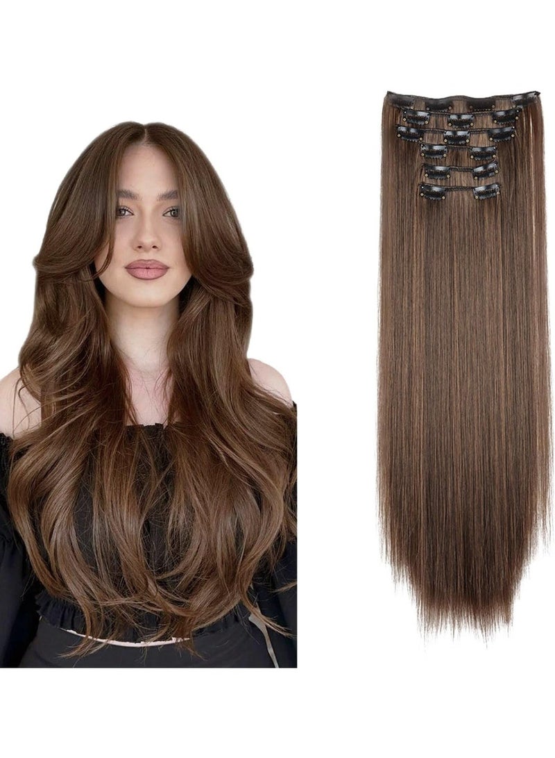 مقاطع البني الفاتح ، 6 قطع مع 16 مقاطع ، مزدوجة مقاطع زلق الشعر المستقيم الحقيقي الكستنة مناسبة للنساء - Image 1