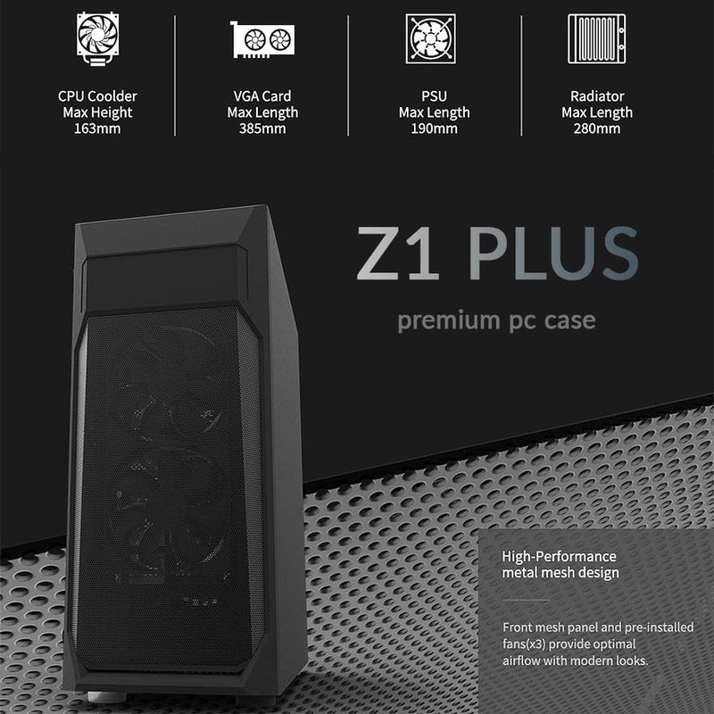ZALMAN صندوق كمبيوتر Zalman Z1 Plus ATX Mid-Tower - لوحة جانبية من الزجاج المقسى - 3 مراوح 120 مم مثبتة مسبقًا - دعم 5.25" ODD - USB 3.0 - هيكل كمبيوتر مكتبي - Image 5