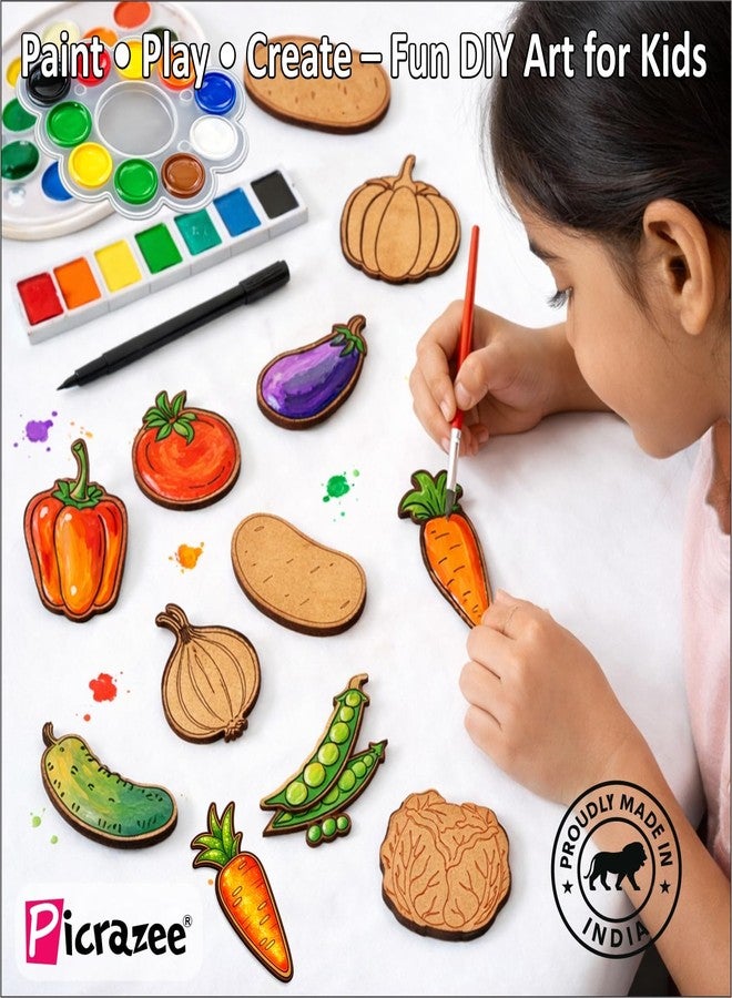 Picrazee DIY Kit for Kids & Adults – Vegetable Fridge Magnet Painting Kit (11 Designs) | Ready-to-Paint 5.5 mm Thick Wooden DIY Craft Kit with Colors, Brushes & Magnets | Screen-Free Activity (Vegetables) - Image 4