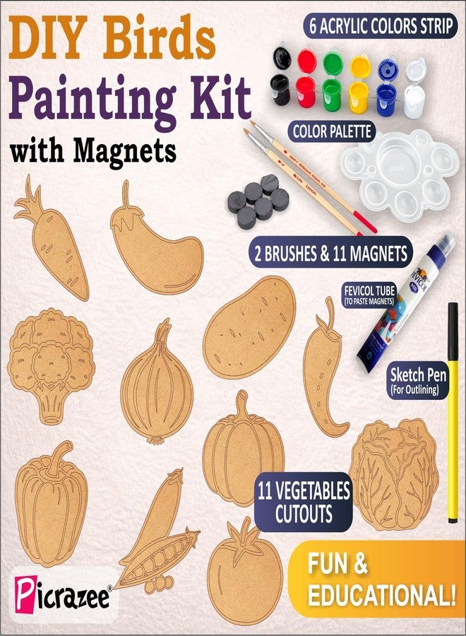 Picrazee DIY Kit for Kids & Adults – Vegetable Fridge Magnet Painting Kit (11 Designs) | Ready-to-Paint 5.5 mm Thick Wooden DIY Craft Kit with Colors, Brushes & Magnets | Screen-Free Activity (Vegetables) - Image 3