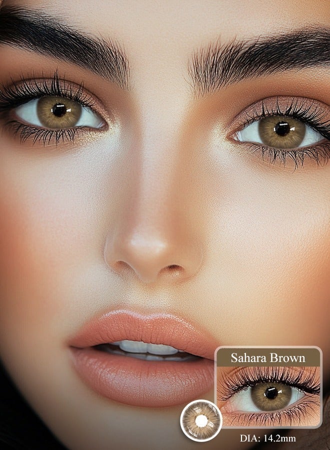 Sahara Brown Colored Contact Lenses 14.20mm, Yearly Soft Comfortable Cosmetic Lenses, Natural Big Eye Effect, Bright Brown Look, Daily, Makeup, Party, Unisex, Eye Contacts