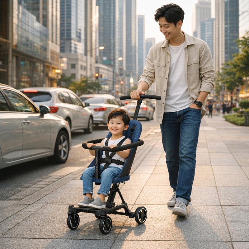 Dream On Me Coast Rider Travel Stroller, Lightweight & Compact Baby Stroller, Theme Park Approved, Book-Folding Design, Adjustable Handle, Soft-Ride Wheels, Converts to Rider & Scooter - Navy - Image 2
