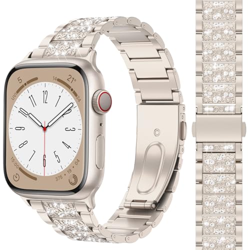 MARGE PLUS Compatible with Apple Watch Bling Band Women 46mm 45mm 44mm 42mm Series 11 10 9 8 7 6 5 4 3 2 1 SE, Upgraded Sparkle Replacement Bracelet iWatch Band, Diamond Rhinestone Stainless Steel Metal Strap - Image 1
