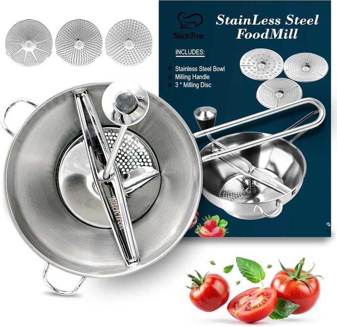 FOOD MILL WITH 3 GRINDING MILLING DISCSBOWL MILLING HANDLE SAFE STAINLESS STEEL MEAL GRINDER PERFECT FOOD MILL FOR TOMATO POTATO MASHER VEGETABLE CHOPPER BABY FOOD PROCESSOR SILVER