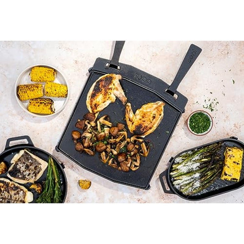 Cast Iron Dual-Sided Grizzler Plate - 37 x 33cm Reversible Griddle with Removable Handle and Stainless Steel Trivet, Pre-Seasoned Non-Stick Oven Safe Cookware, Pizza Oven and BBQ Accessories - Image 5