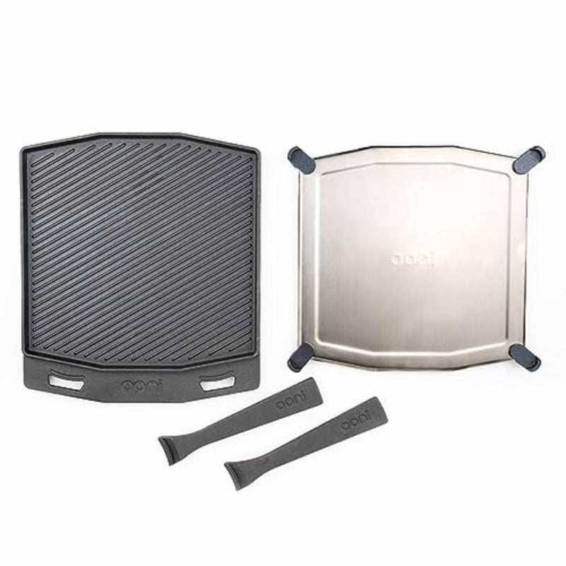Cast Iron Dual-Sided Grizzler Plate - 37 x 33cm Reversible Griddle with Removable Handle and Stainless Steel Trivet, Pre-Seasoned Non-Stick Oven Safe Cookware, Pizza Oven and BBQ Accessories - Image 1