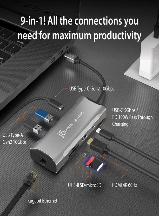 j5create USB C Hub - 4K 60Hz HDMI, USB-C 10Gbps, 2 USB-A 10Gbps, 100W PD with USB-C 5Gbps, Ethernet, SD 4.0 Card Reader | for MacBook, XPS, Surface Pro (JCD393) - Image 2