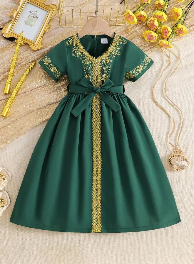 تايك تو Girls Embroidered Trim V Neck Dress