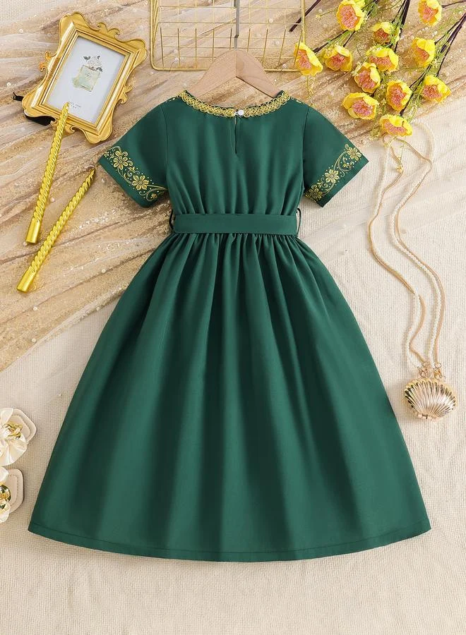 تايك تو Girls Embroidered Trim V Neck Dress