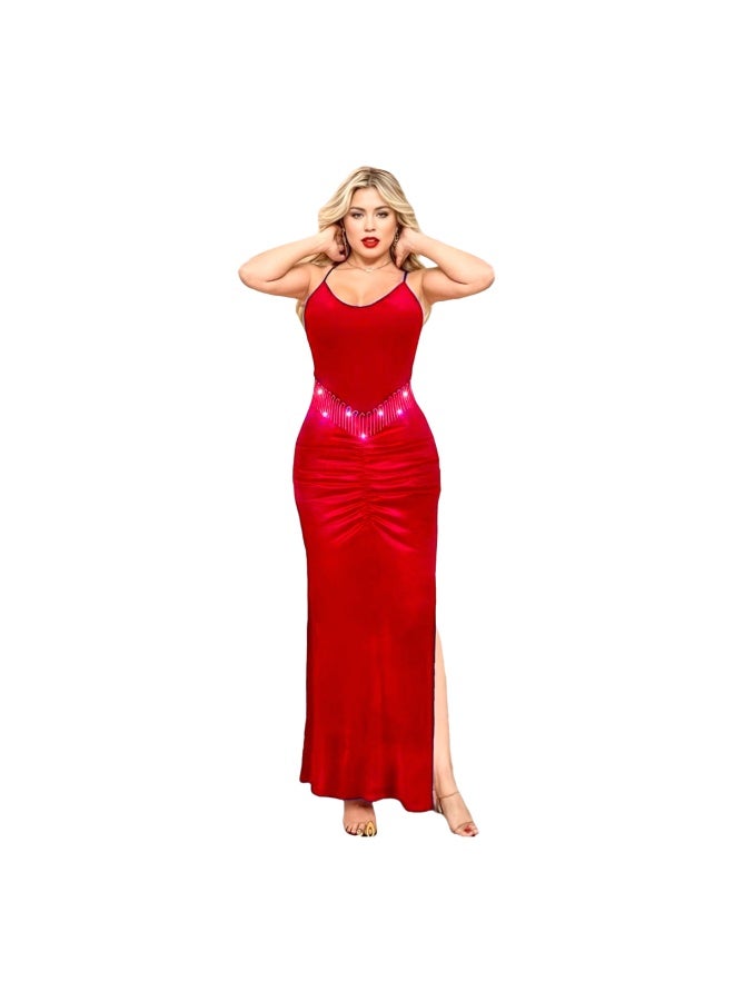 Elegant Velvet Evening Gown for Women Fitted Bodycon Maxi Dress with Spaghetti Straps Sweetheart Neck Side Slit Rhinestone Waist Detail Soft Stretch Party Dress for Weddings Proms Evening Parties Formal Events Up to 65 KG