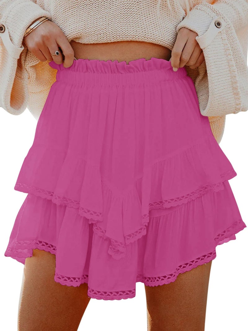 Aoudery Flowy Shorts for Women Casual Boho Ruffle Tiered Skorts High Waist Mini Skirts Golf Tennis Butterfly Crochet Shorts - All Hot Pink L - Image 1