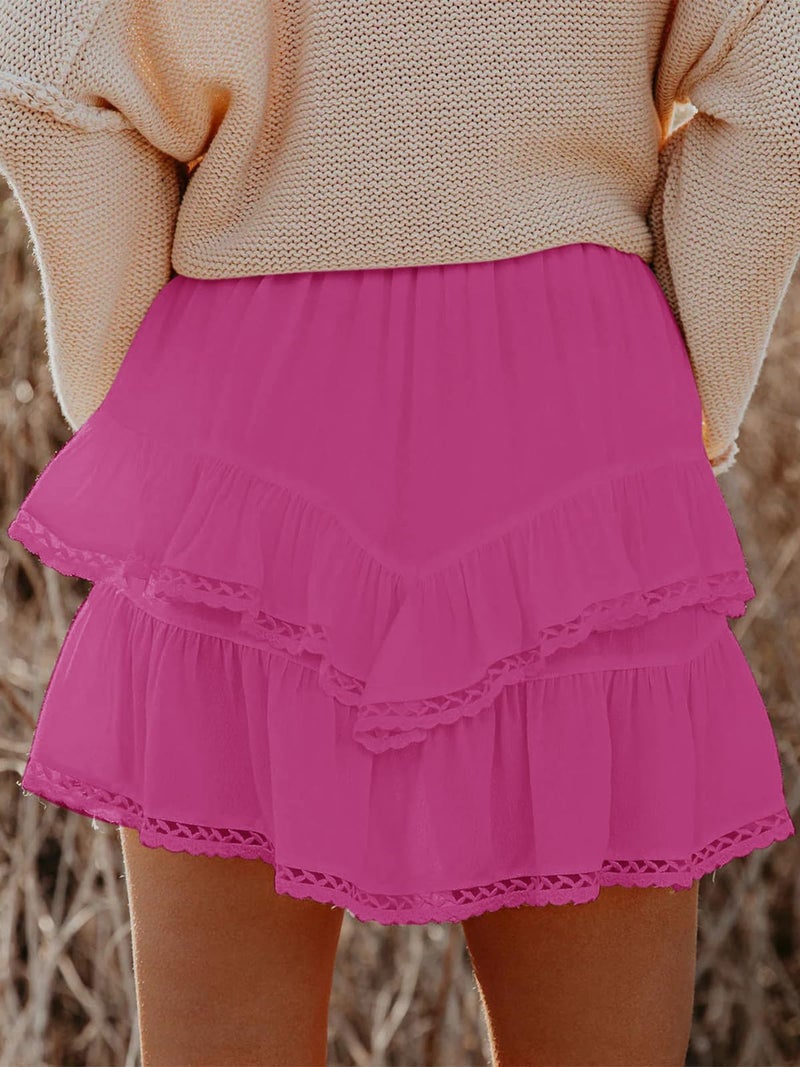 Aoudery Flowy Shorts for Women Casual Boho Ruffle Tiered Skorts High Waist Mini Skirts Golf Tennis Butterfly Crochet Shorts - All Hot Pink L - Image 2