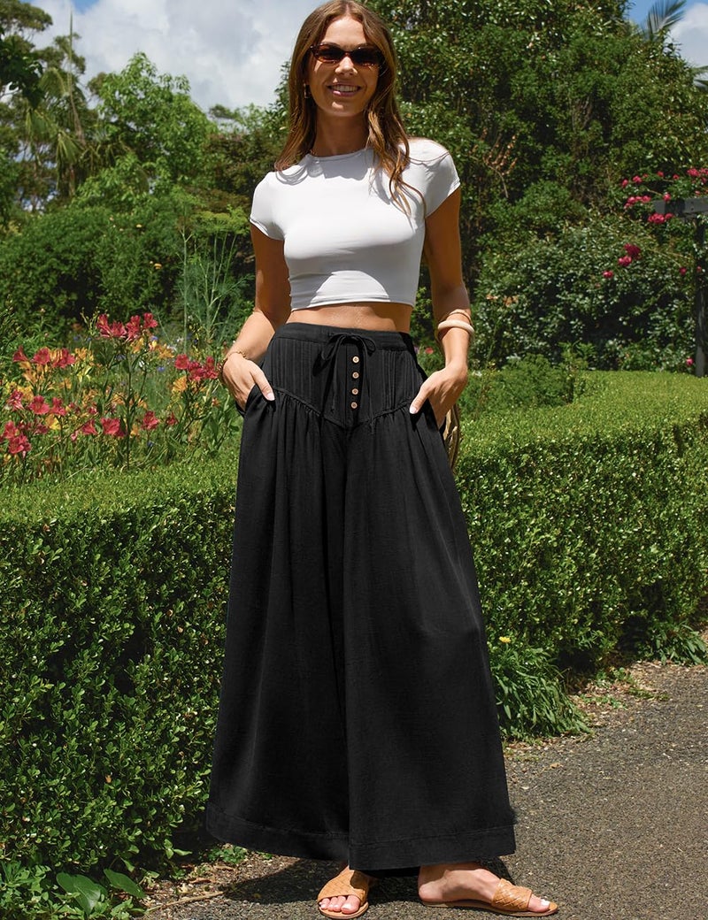 TARSE Women Linen Wide Leg Pants Palazzo High Waisted Boho Loose Casual Lounge Pant Beach Travel Vacation Outfits(Black,L) - Image 1