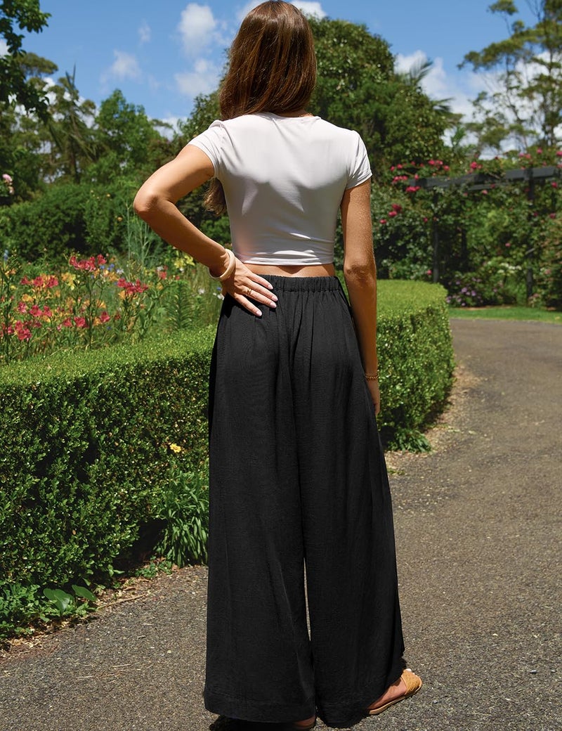 TARSE Women Linen Wide Leg Pants Palazzo High Waisted Boho Loose Casual Lounge Pant Beach Travel Vacation Outfits(Black,L) - Image 3