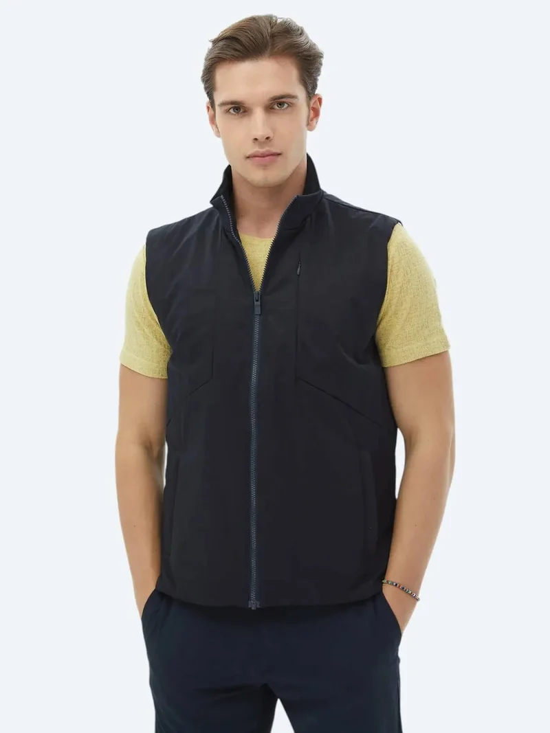 Kip Navy Blue Regular Fit Turtleneck Casual Weaving Puffer Vest