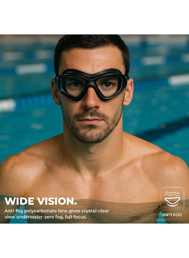 Nivia Unimask Sr. 2.0, Swimming Goggles For Adults, Polycarbonate Clear Glass, Anti Fog Goggles For Men, Silicon Strap, Uv Protection, Comfort Fit, Training Swim Goggles For Men & Women - Black - Image 1