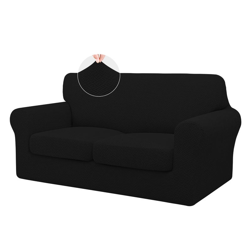 ISSUNTEX 3 Pieces High Stretch Thicken Loveseat Couch Covers Soft Sofa Slipcover for 2 Separate Cushion Couch Jacquard Fabric Elastic Sofa Cover Furniture Protector for Dogs Loveseat Black