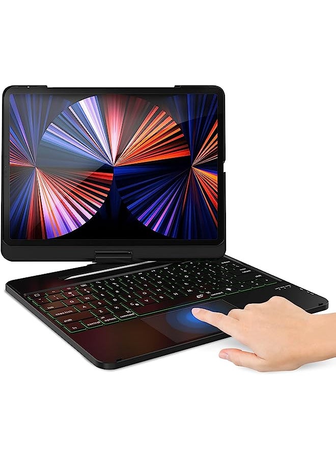 Generic Keyboard Case With Trackpad For Ipad Pro 12.9 2021 2020 2018, Touchpad Keyboard Case With 360 Degree Rotation 7 Color Backlit Pencil Holder For 5Th 4Th 3Rd Gen 12.9 Inch Ipad –Black 