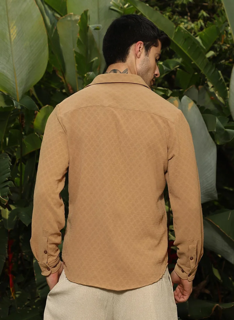 كامبوس سوترا Men's Ecru Brown Rhombus-Texture Shirt