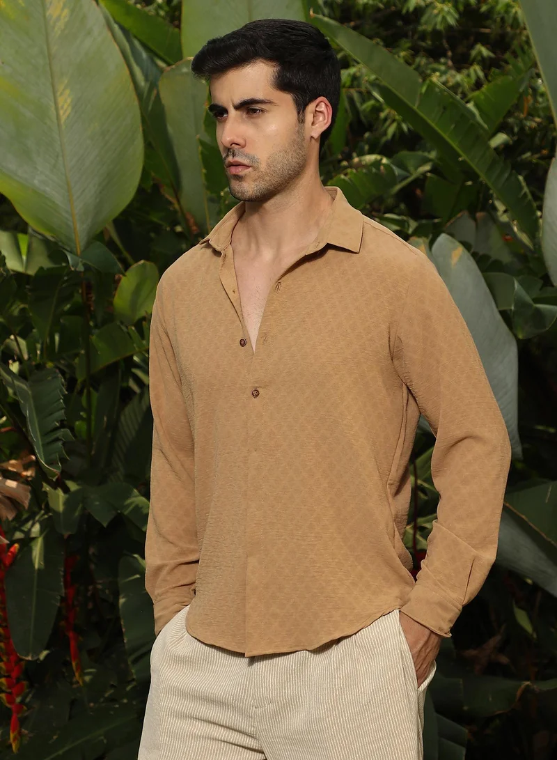 كامبوس سوترا Men's Ecru Brown Rhombus-Texture Shirt