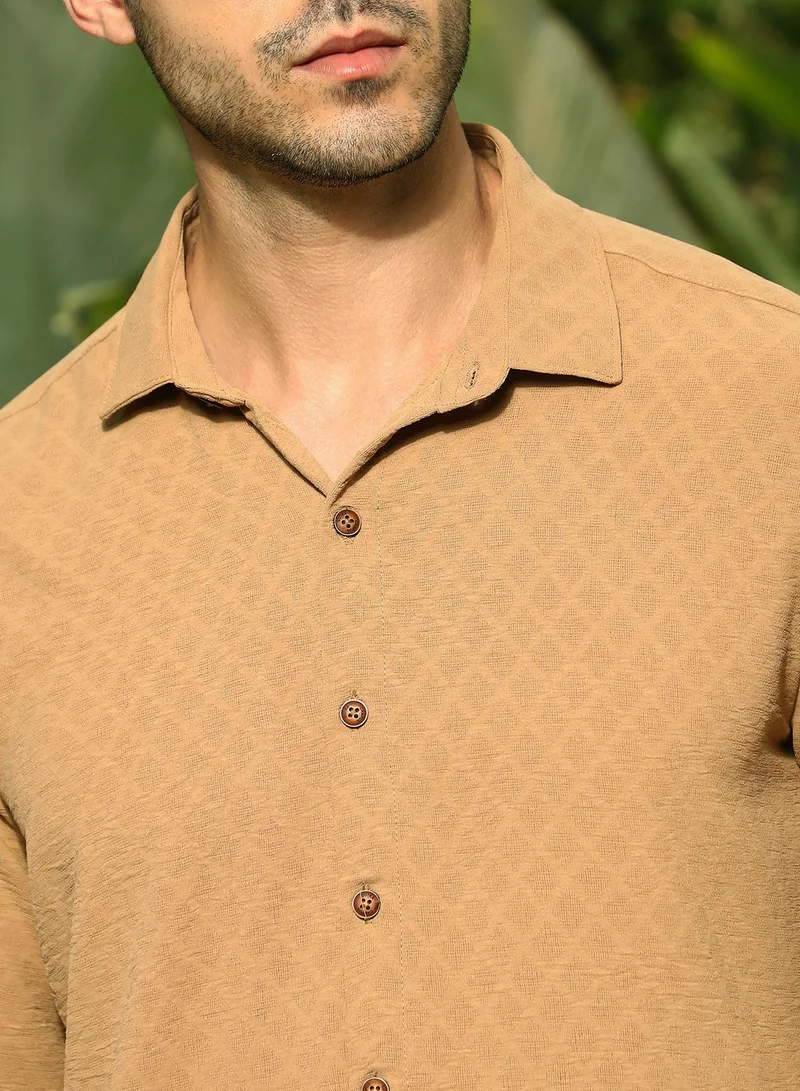 كامبوس سوترا Men's Ecru Brown Rhombus-Texture Shirt