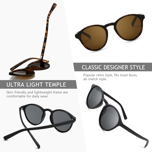 SUNGAIT Classic Vintage Round Polarized Sunglasses for Women Men Retro Style UV400 (Amber Frame Brown Lens+Black Frame Grey Lens) SGT166HPC-SHH - Image 4