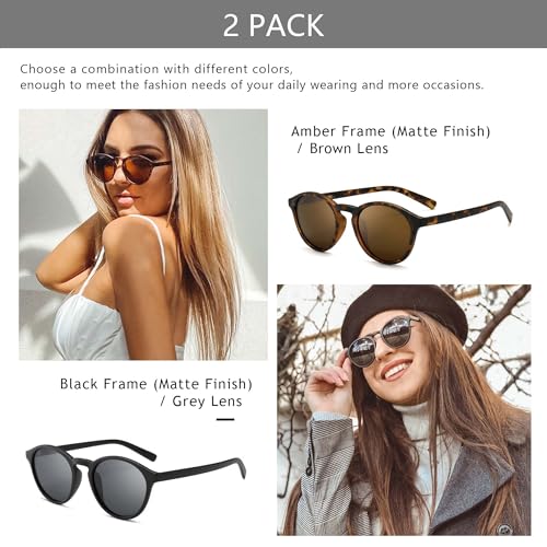 SUNGAIT Classic Vintage Round Polarized Sunglasses for Women Men Retro Style UV400 (Amber Frame Brown Lens+Black Frame Grey Lens) SGT166HPC-SHH - Image 3
