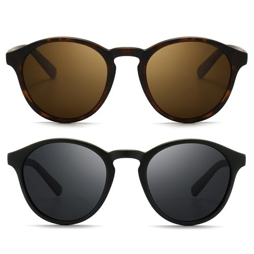 SUNGAIT Classic Vintage Round Polarized Sunglasses for Women Men Retro Style UV400 (Amber Frame Brown Lens+Black Frame Grey Lens) SGT166HPC-SHH - Image 1