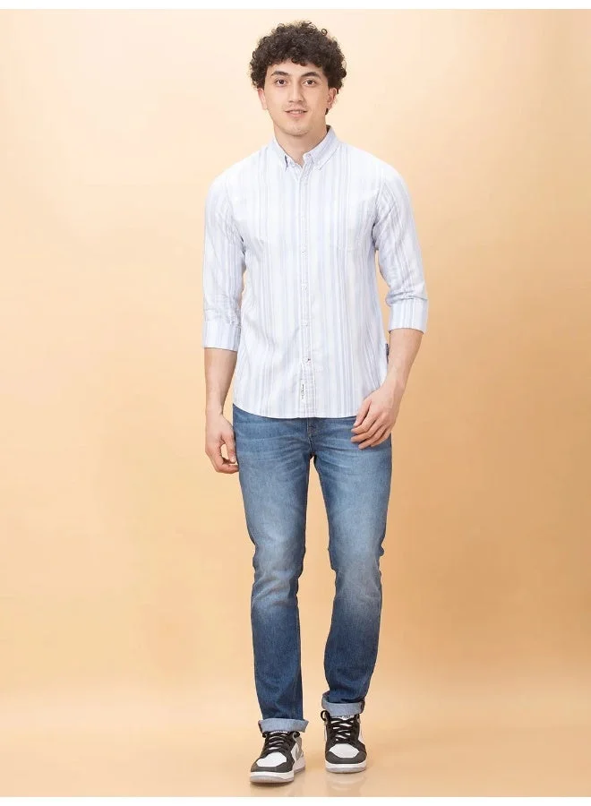 بيينغ هيومان Mens Light Blue White Collared Long Sleeve Shirt