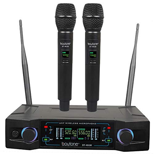 Boytone Wireless Microphone System, Dual UHF Cordless Mic Set, Long Distance 150-200Ft,16 Hours Continuous, Fixed Frequency, for Karaoke Singing, Church, Aluminum Carrying Cases, 110/220V(BT-46UM) - Image 1