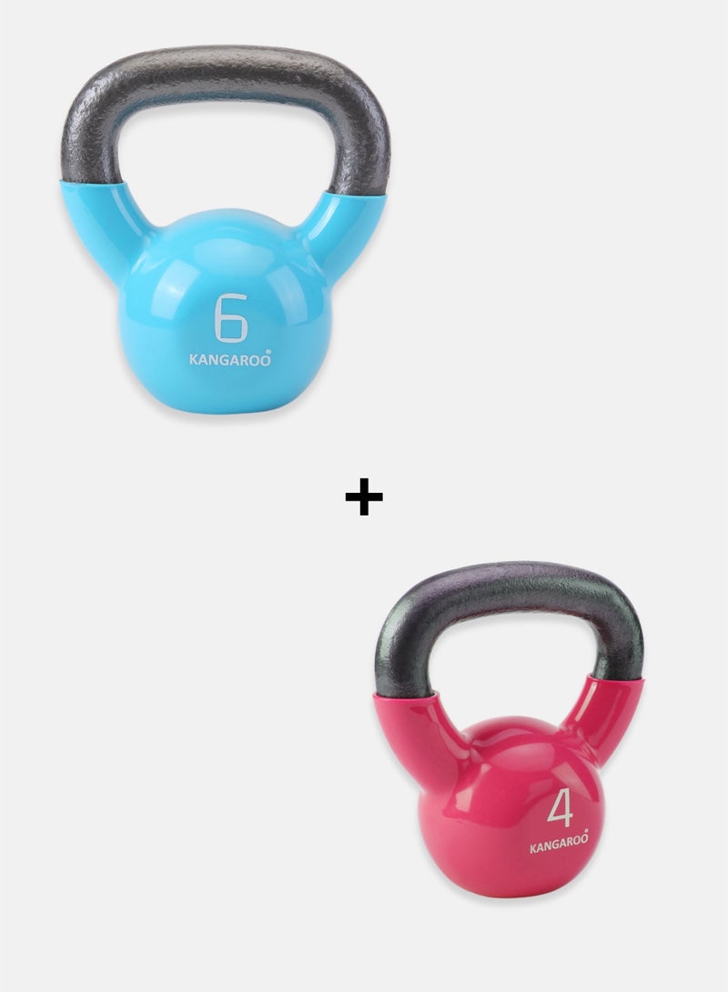 كانجرو مجموعة كيتل بيل كانجرو 4 كجم و6 كجم – قلب من الحديد الصب مع تغليف بالفينيل، مجموعة تدريب قوة متينة للتمارين المنزلية، اللياقة البدنية، بناء العضلات، التمارين الشاملة والتدريب الوظيفي - Image 1
