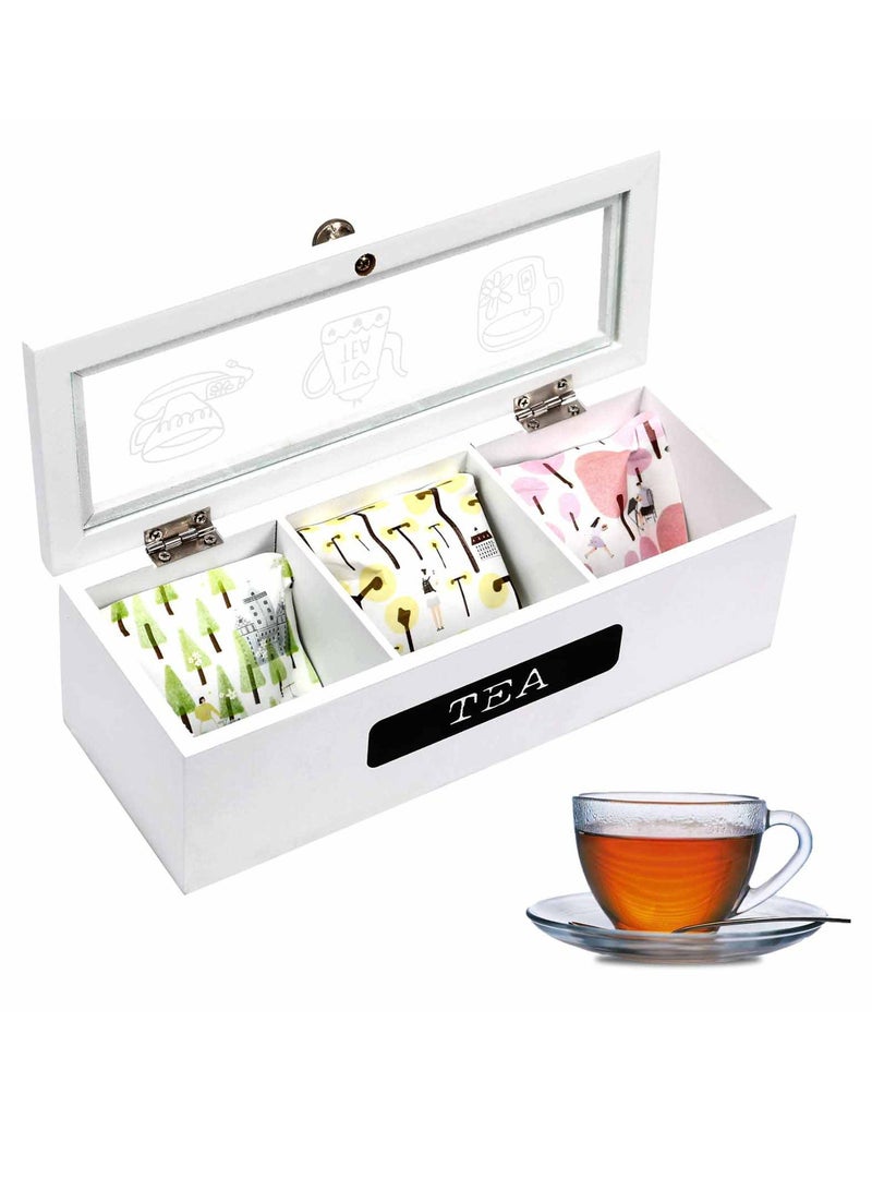 Excefore White Wood 3 Compartment Tea Bag Organizer, Tea Bag Organizer, for Kitchen Pantry Cabinet, Countertop, Tea Storage Box Station Bin Caddy Holds Beverage Bags and Display Tea Bags  - Image 1