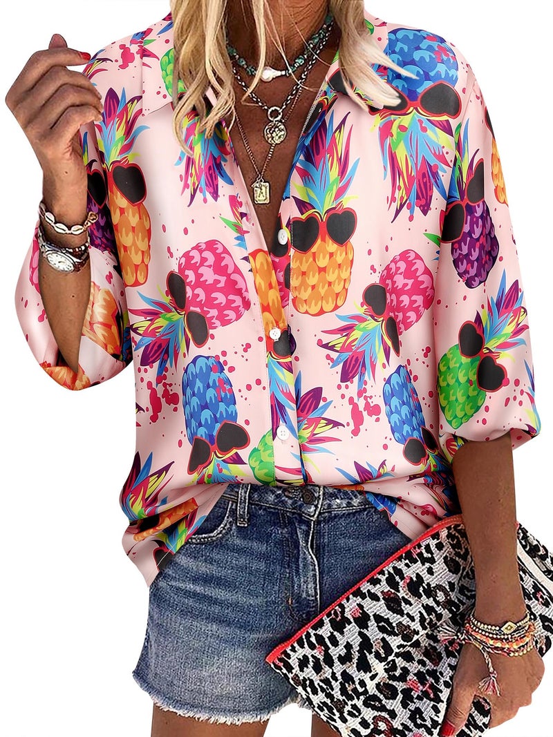 ZXZY Women Pineapple Printed Lapel Collar Half Sleeves Buttons Down Blouse Shirt - Image 1