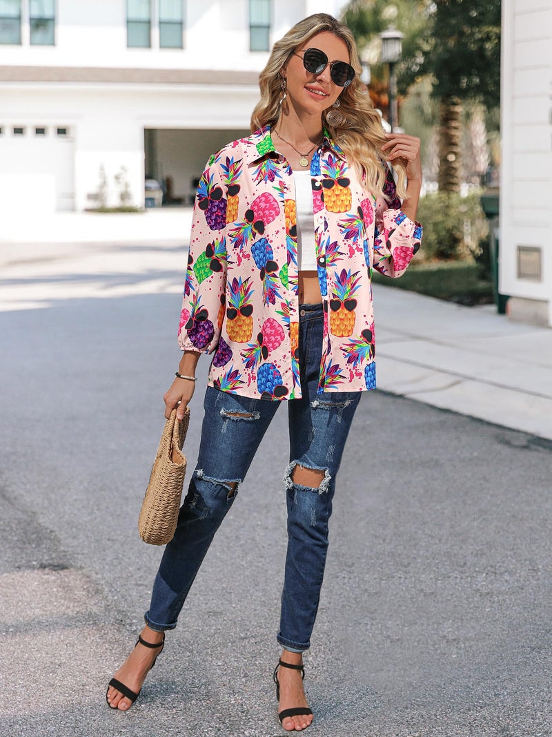 ZXZY Women Pineapple Printed Lapel Collar Half Sleeves Buttons Down Blouse Shirt - Image 3