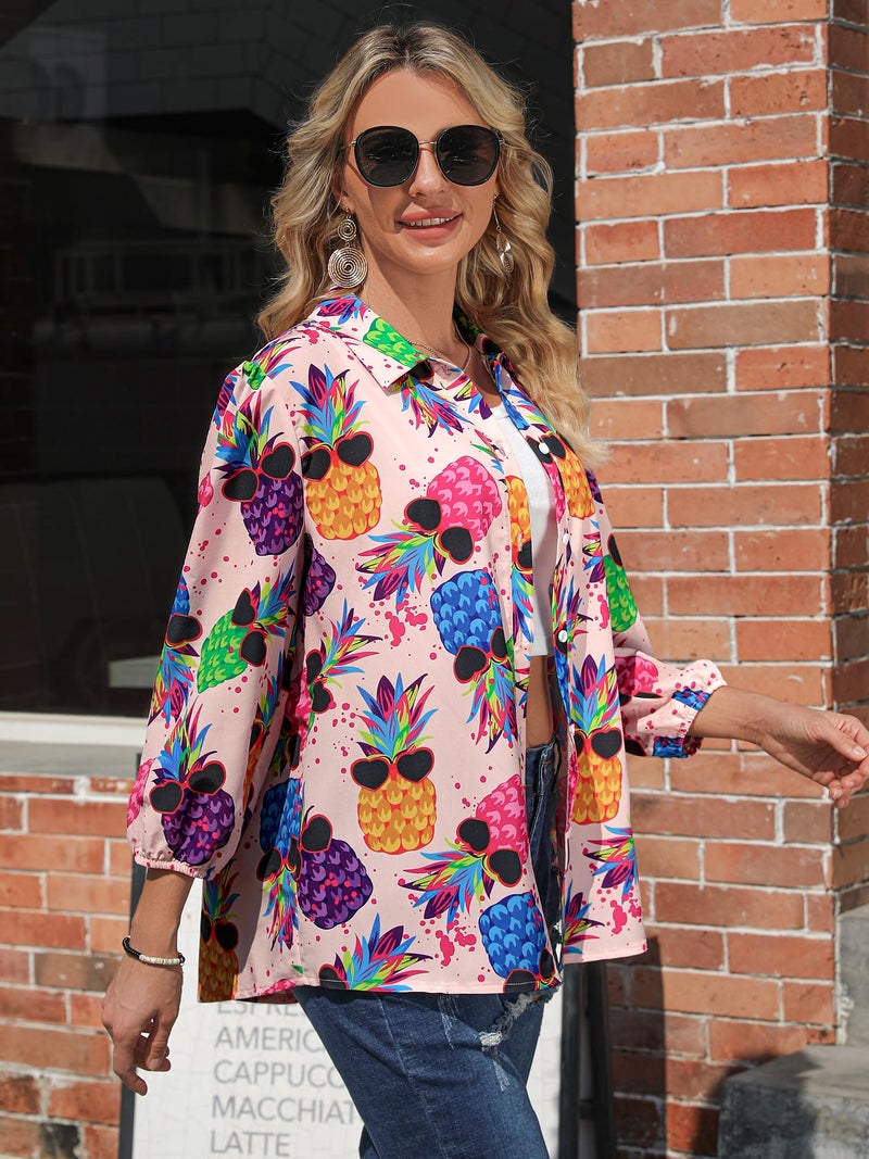 ZXZY Women Pineapple Printed Lapel Collar Half Sleeves Buttons Down Blouse Shirt - Image 2