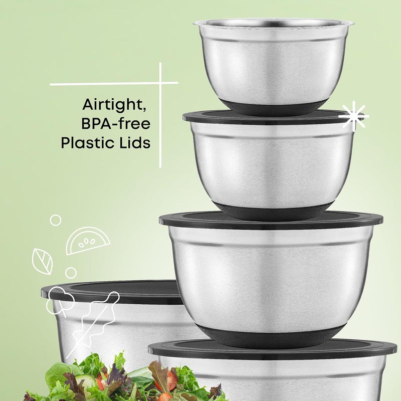 JoyJolt Stainless Steel Mixing Bowls with Lids Set, Size 7, 5, 4, 3, 1.5, 1, 75QT, Measurement Marks & Non Slip Bottoms, Stackable Nesting Serving Bowls for Kitchen Storage, Baking, and Serving - Image 4