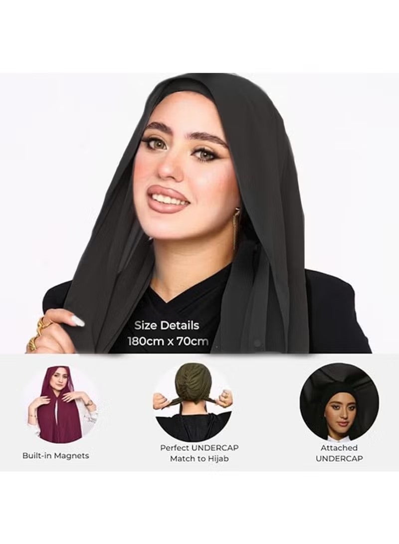Muslim Hijab, Adjustable Stretchy Turban, Instant Chiffon Hijab Set Hijabs Scarf with Built-in Magnets and Undercap Head Wraps with Model Cap, Full Cover, for Daily Wearing and Workout（Black） - Image 3