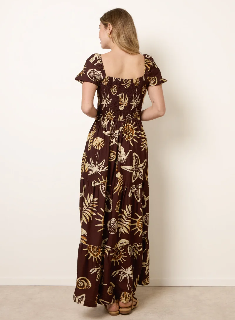 بلو فانيلا Shell Knot Front Puff Sleeve Midi Dress