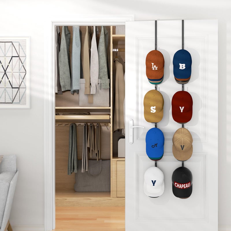HapiRm Over Door Hat Rack - 2 Packs Hat Organizer with 8 Hooks Design, Hanging Baseball Cap Organizer Storage Holds Up to 40 Caps for Door, Bedroom, Closet (Black) - Image 5
