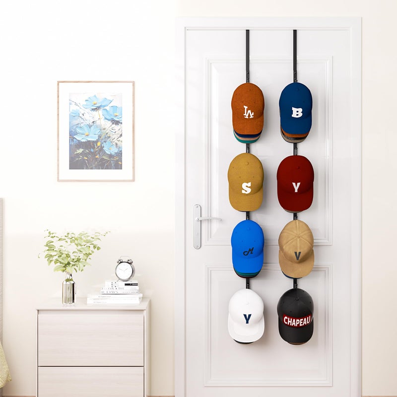 HapiRm Over Door Hat Rack - 2 Packs Hat Organizer with 8 Hooks Design, Hanging Baseball Cap Organizer Storage Holds Up to 40 Caps for Door, Bedroom, Closet (Black) - Image 4