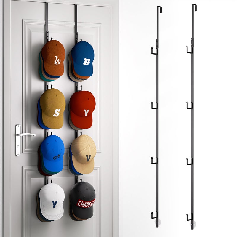 HapiRm Over Door Hat Rack - 2 Packs Hat Organizer with 8 Hooks Design, Hanging Baseball Cap Organizer Storage Holds Up to 40 Caps for Door, Bedroom, Closet (Black) - Image 1