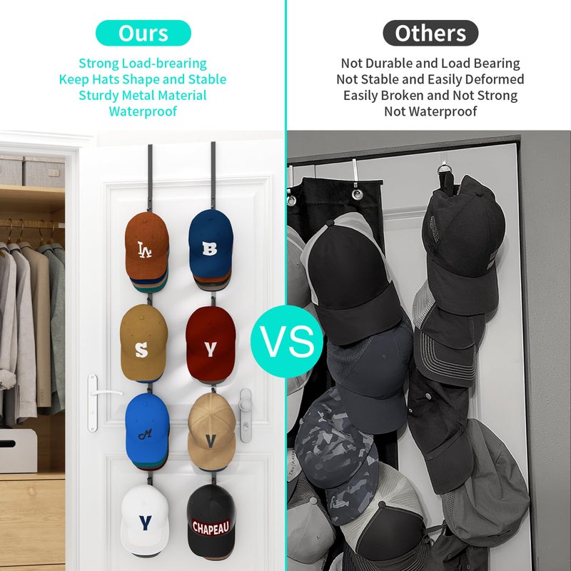 HapiRm Over Door Hat Rack - 2 Packs Hat Organizer with 8 Hooks Design, Hanging Baseball Cap Organizer Storage Holds Up to 40 Caps for Door, Bedroom, Closet (Black) - Image 2