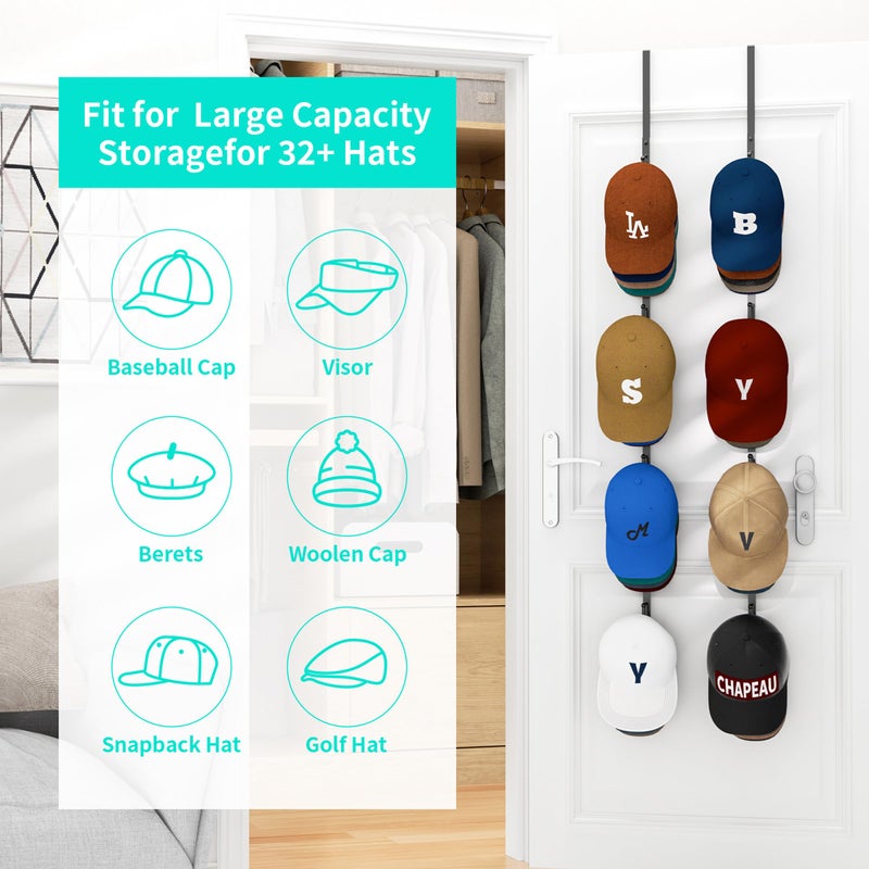 HapiRm Over Door Hat Rack - 2 Packs Hat Organizer with 8 Hooks Design, Hanging Baseball Cap Organizer Storage Holds Up to 40 Caps for Door, Bedroom, Closet (Black) - Image 3