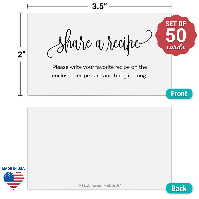 321Done Request a Recipe Card, Made in USA - 3.5x2 White, Modern Script - Little Share a Recipe Insert Card for Bridal Shower Game, Keepsake, Heavy Cardstock, Matching Recipe Cards - Set of 50 - Image 2