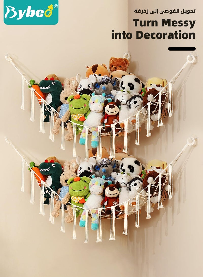 بيبو حامل حيوانات محشوة 2 قطعة، شبكة تخزين ألعاب ماكرامي للحيوانات المحشوة، منظم تعليق للزاوية في غرفة الأطفال، شبكة منظم معلقة لغرفة نوم الأطفال، غرفة اللعب وغرفة المعيشة. - Image 1